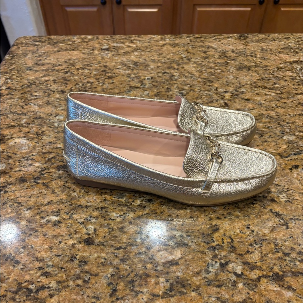 kate spade Metallic Gold Leather Loafers with Chain Detail